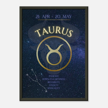 Taurus astrology poster in black metal frame clean studio mockup showing horoscope artwork