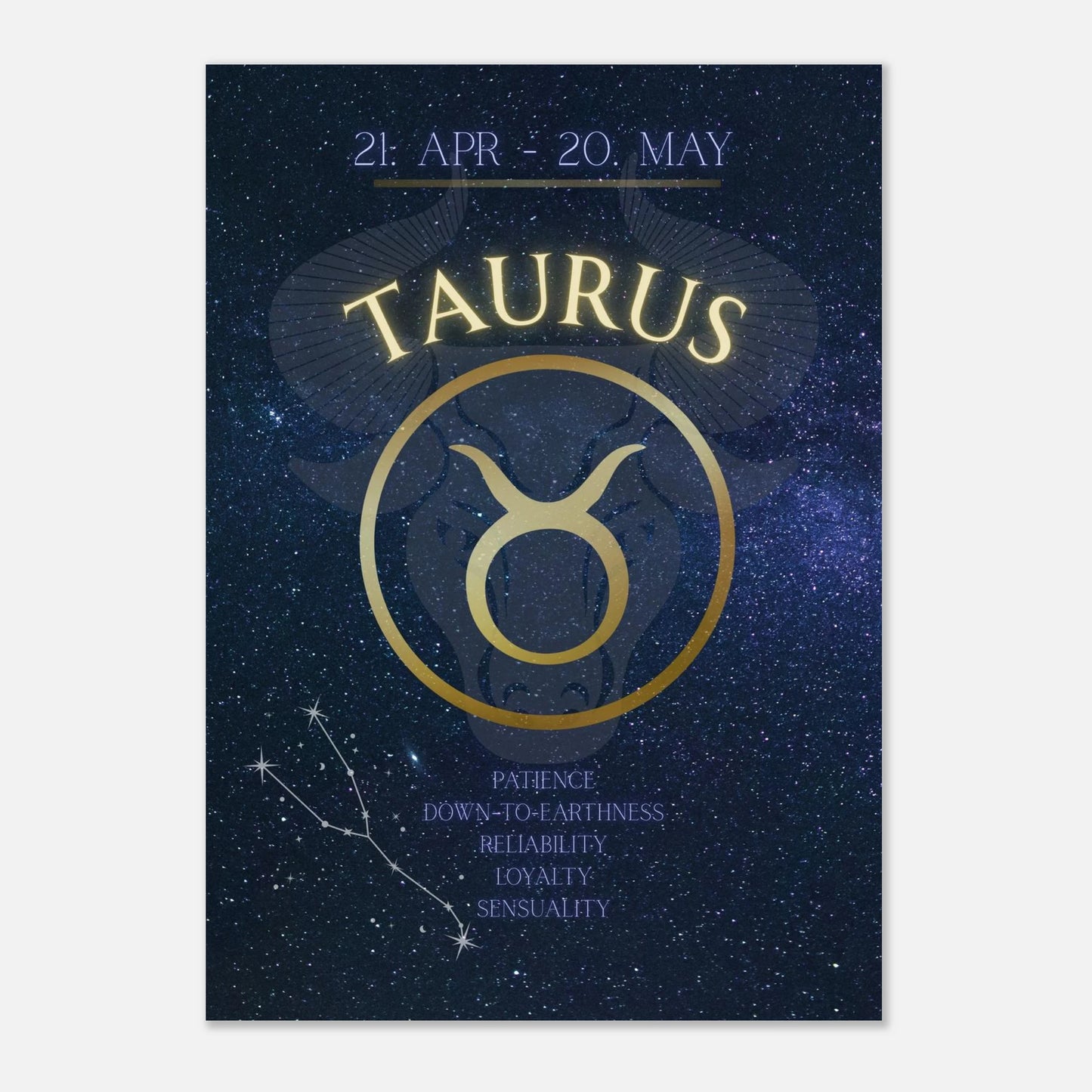 Taurus Zodiac Poster – elegantes Sternzeichen-Wandbild in Dunkelblau und 