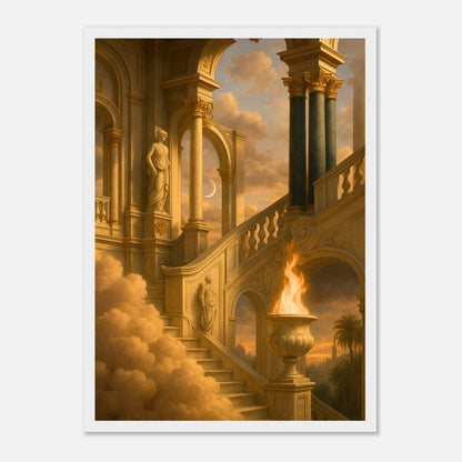 Temple of the Eternal Flame Poster im weißen Rahmen – goldenes Fantasy-Kunstwerk mit mystischer Architektur, Licht und Wolken. Stilvolles Wandbild mit spiritueller Ausstrahlung – von Defa Designs.
