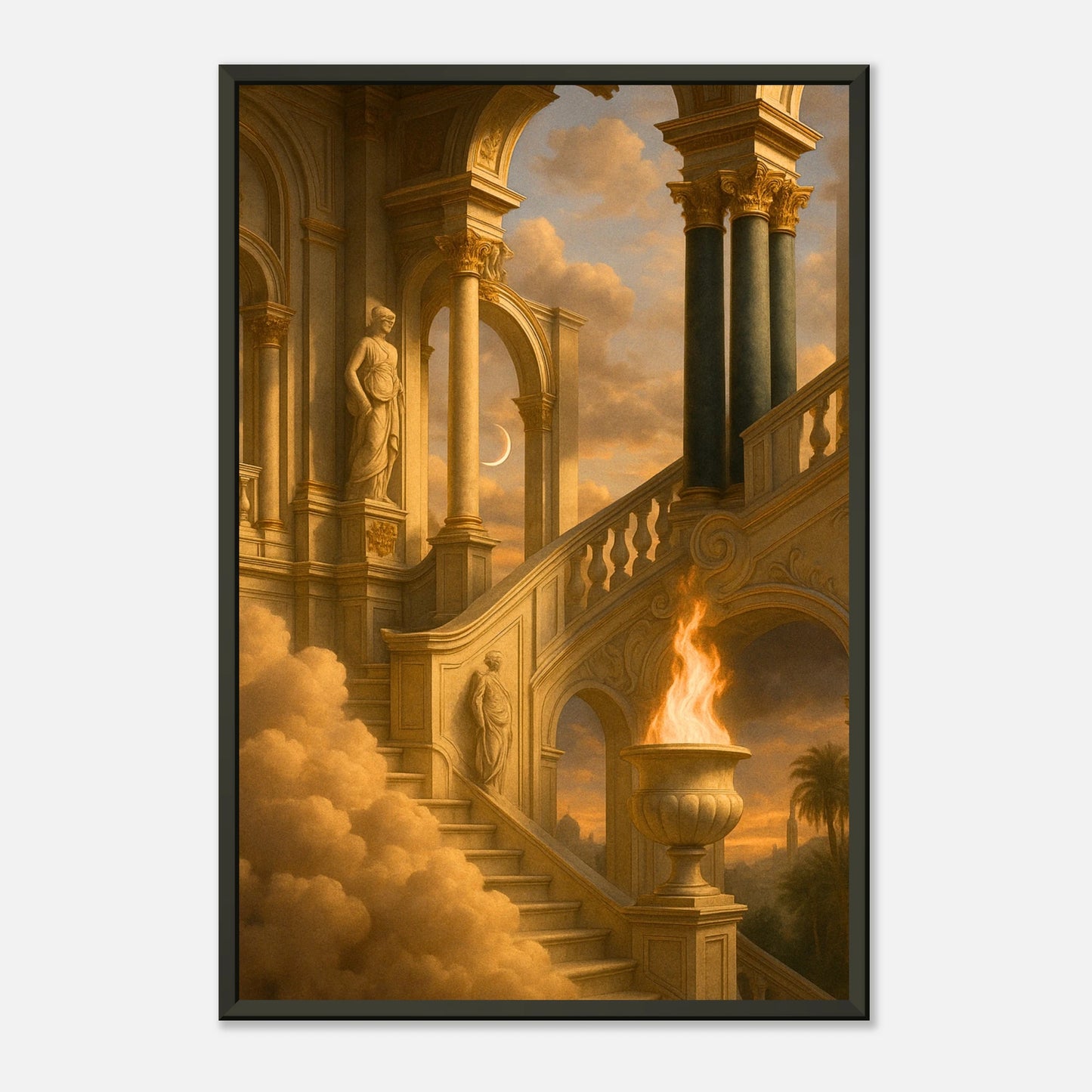 Temple of the Eternal Flame wall art angled view in black metal frame, epic fantasy temple artwork with golden light