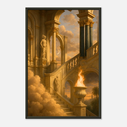 Temple of the Eternal Flame wall art angled view in black metal frame, epic fantasy temple artwork with golden light
