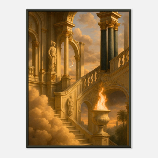 Temple of the Eternal Flame fantasy wall art in black metal frame, glowing golden temple architecture poster with clouds and fire, mystical luxury interior artwork