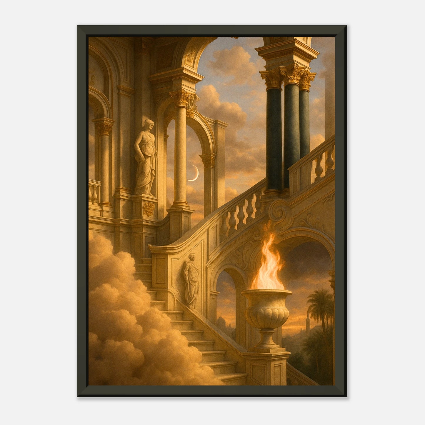 Vertical Temple of the Eternal Flame fantasy wall art in black metal frame, celestial temple poster for modern interiors