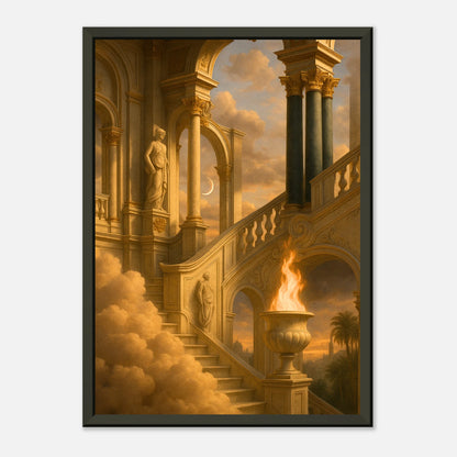 Vertical Temple of the Eternal Flame fantasy wall art in black metal frame, celestial temple poster for modern interiors