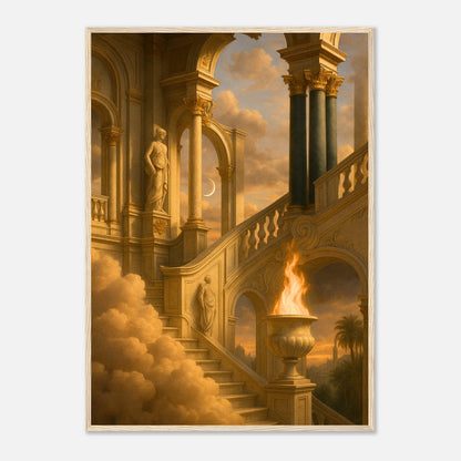 Temple of the Eternal Flame Wandbild im hellbraunen Rahmen – warmes, golden leuchtendes Motiv mit antiker Architektur und himmlischem Flair. Ideal für Wohnzimmer oder Studios – von Defa Designs.