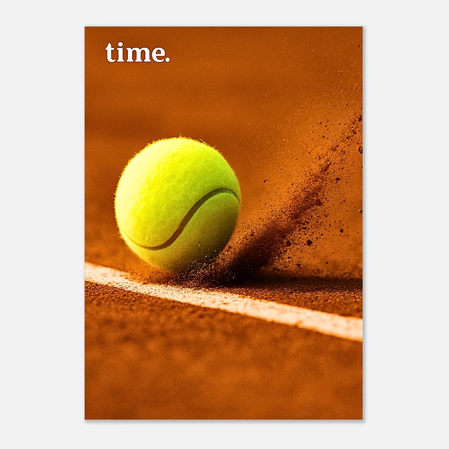 Striking tennis poster featuring a close-up of a yellow tennis ball on clay court – perfect wall art for sports lovers.
