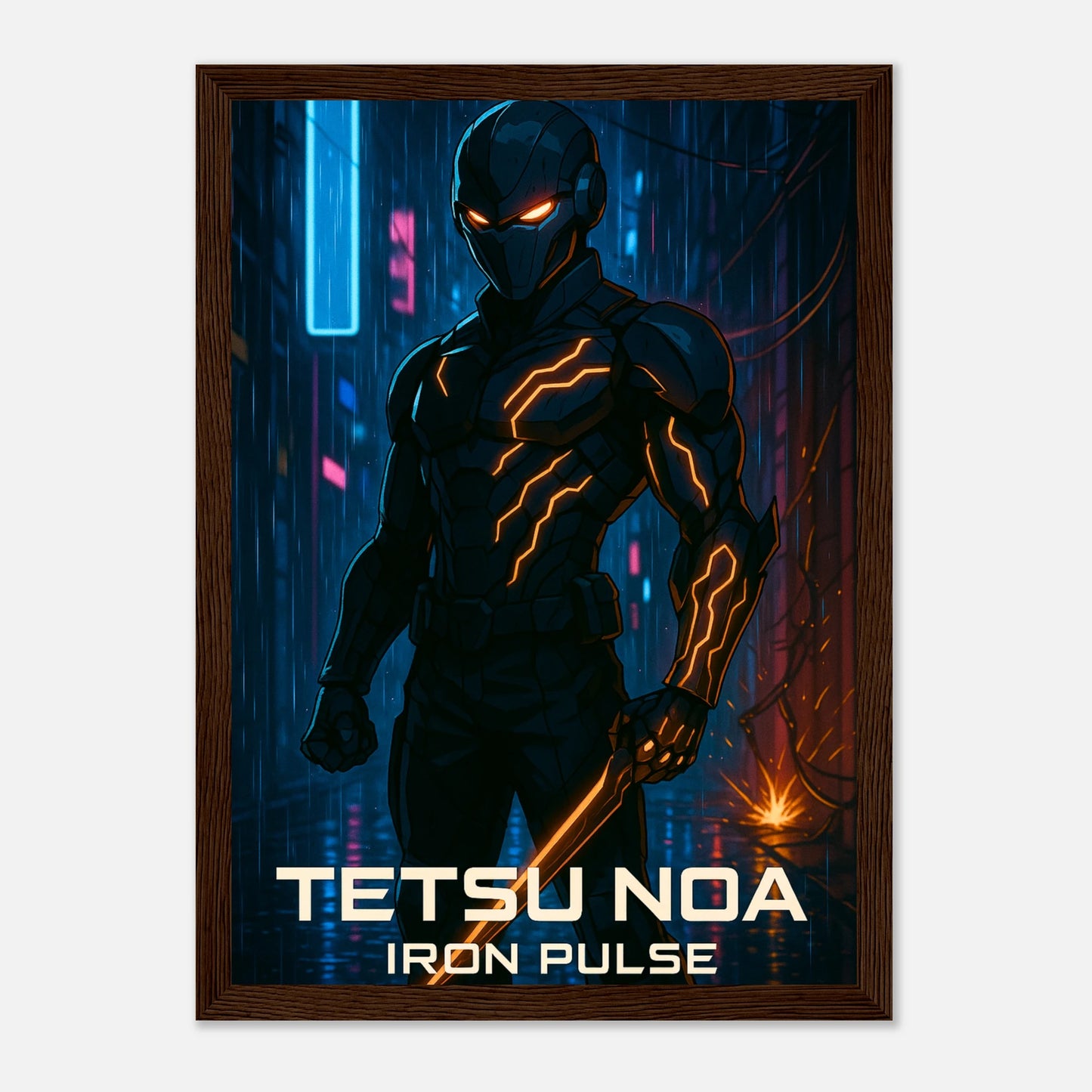 TETSU NOA Poster im dunkelbraunen Rahmen – futuristischer Cyberpunk-Krieger mit elektrischer Energie, stilvolles Anime-Wandbild von Defa Designs.