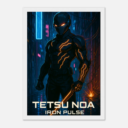 TETSU NOA Poster im weißen Rahmen – leuchtender Cyberpunk-Held mit metallischem Körper und Energieblitzen, modernes Anime-Design.