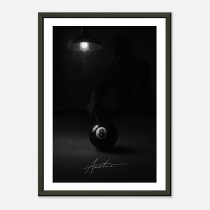 The Final Shot black and white billiard wall art print in black metal frame with focused 8 ball composition