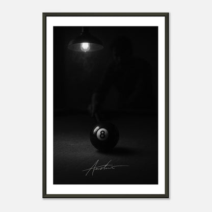 The Final Shot pool wall art poster in black metal frame front view with cinematic black and white billiard moment