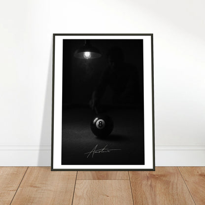 The Final Shot pool wall art poster leaning against wall in black metal frame modern game room decor mockup