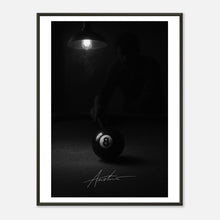 The Final Shot black and white billiard wall art poster in black metal frame featuring dramatic 8 ball pool scene