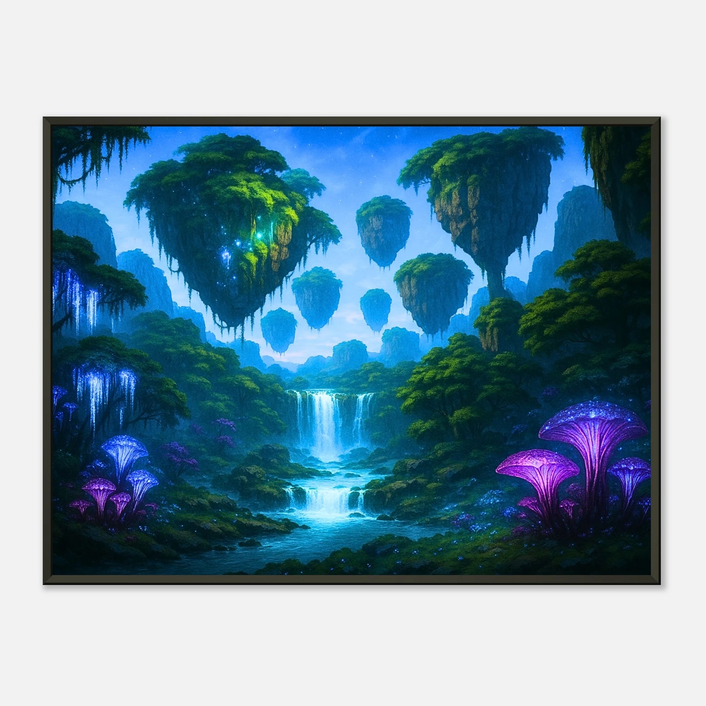 The Glowing Wilds Fantasy Landschaft Wandbild mit schwarzem Metallrahmen, leuchtender Wald mit schwebenden Inseln und Wasserfällen