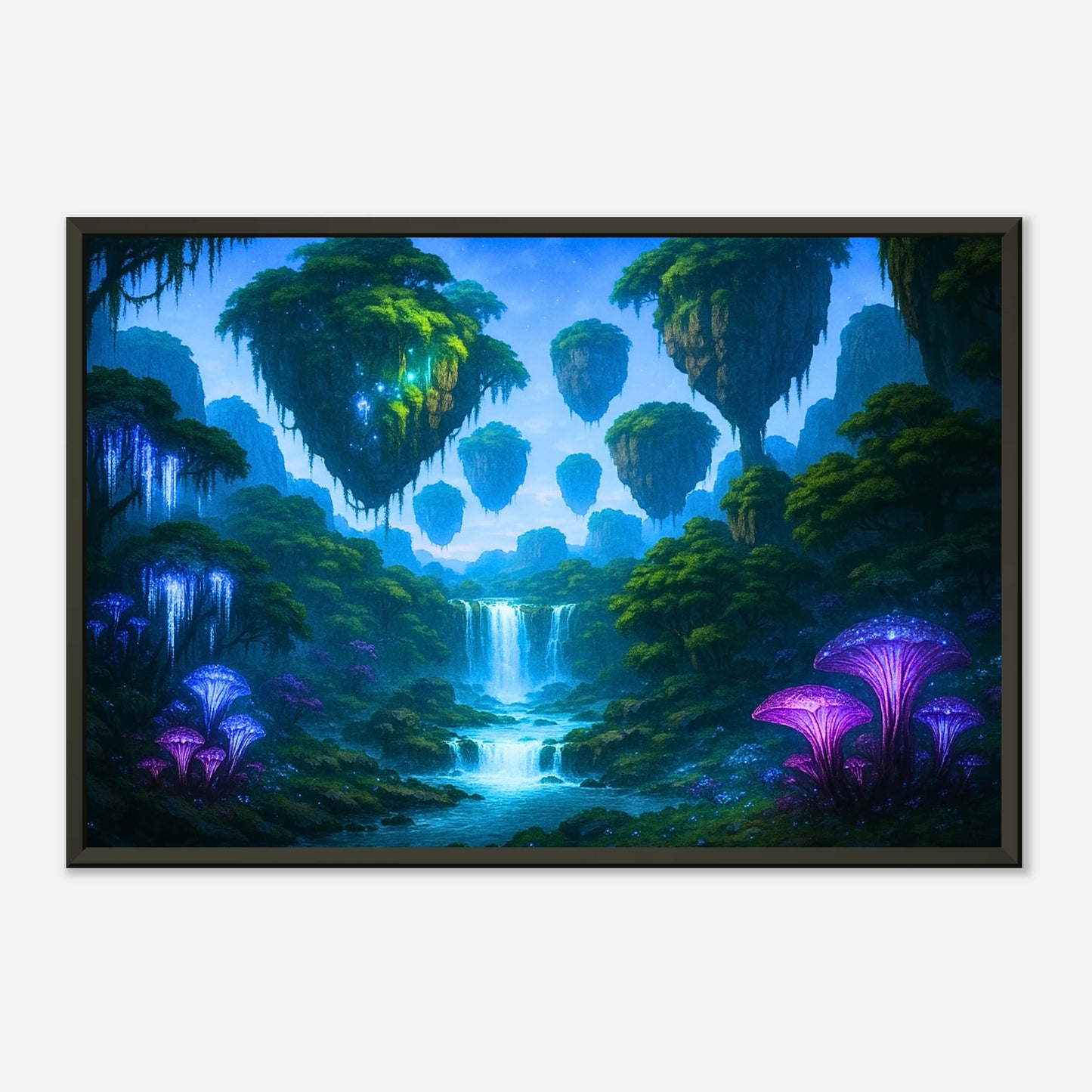 The Glowing Wilds Fantasy Wandbild in dunklem modernen Interior, schwarzer Metallrahmen mit mystischer Atmosphäre