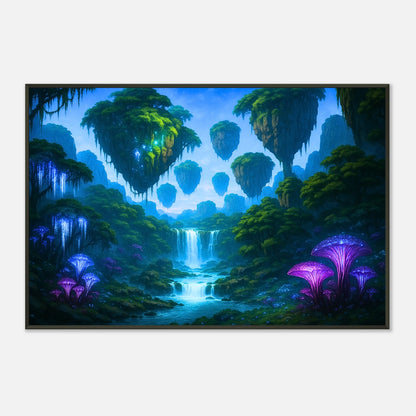 The Glowing Wilds Landschaft Wandkunst frontal dargestellt, märchenhafte Fantasy Natur im schwarzen Metallrahmen