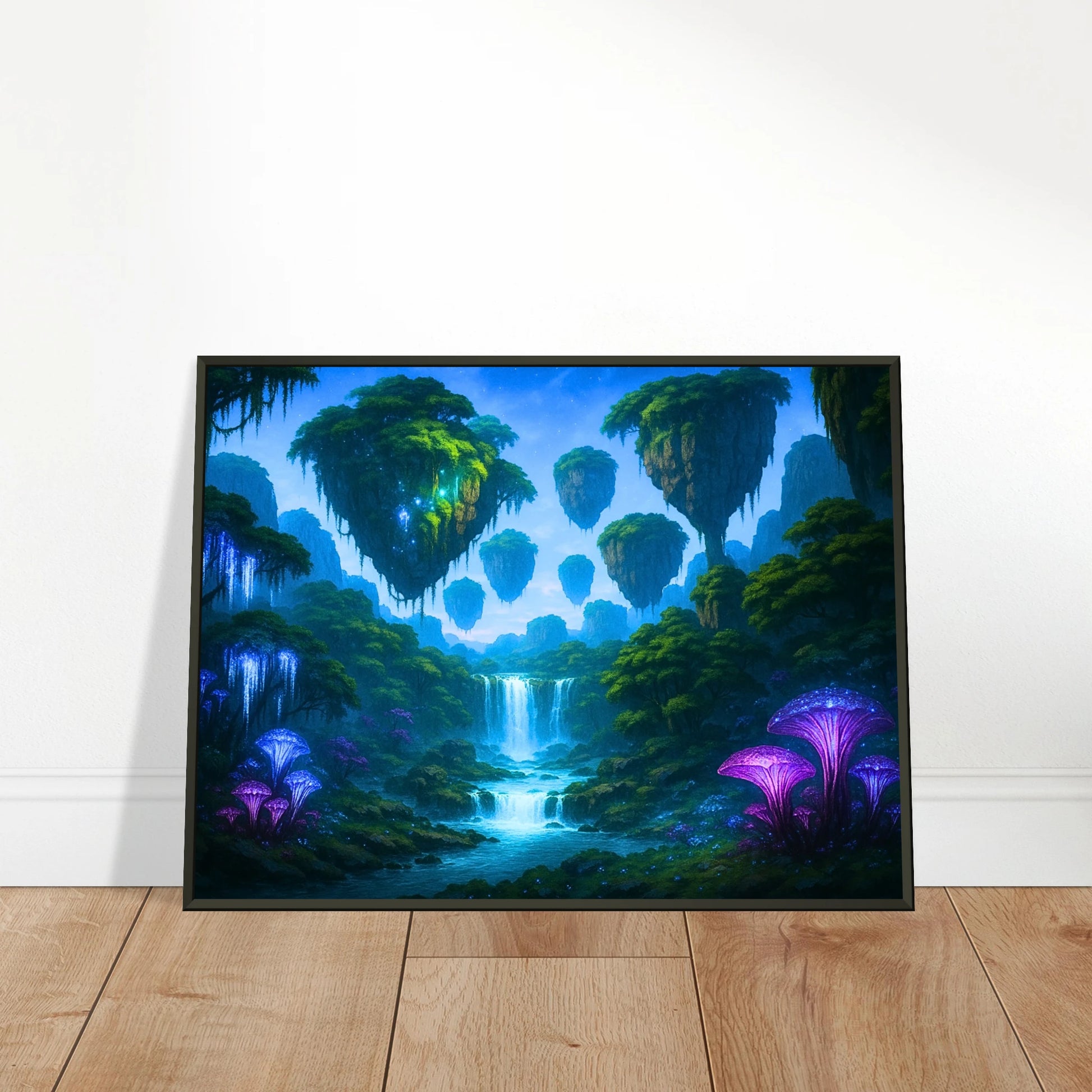 The Glowing Wilds Wandbild in hellem modernen Wohnraum, beruhigende Fantasy Landschaft im schwarzen Metallrahmen