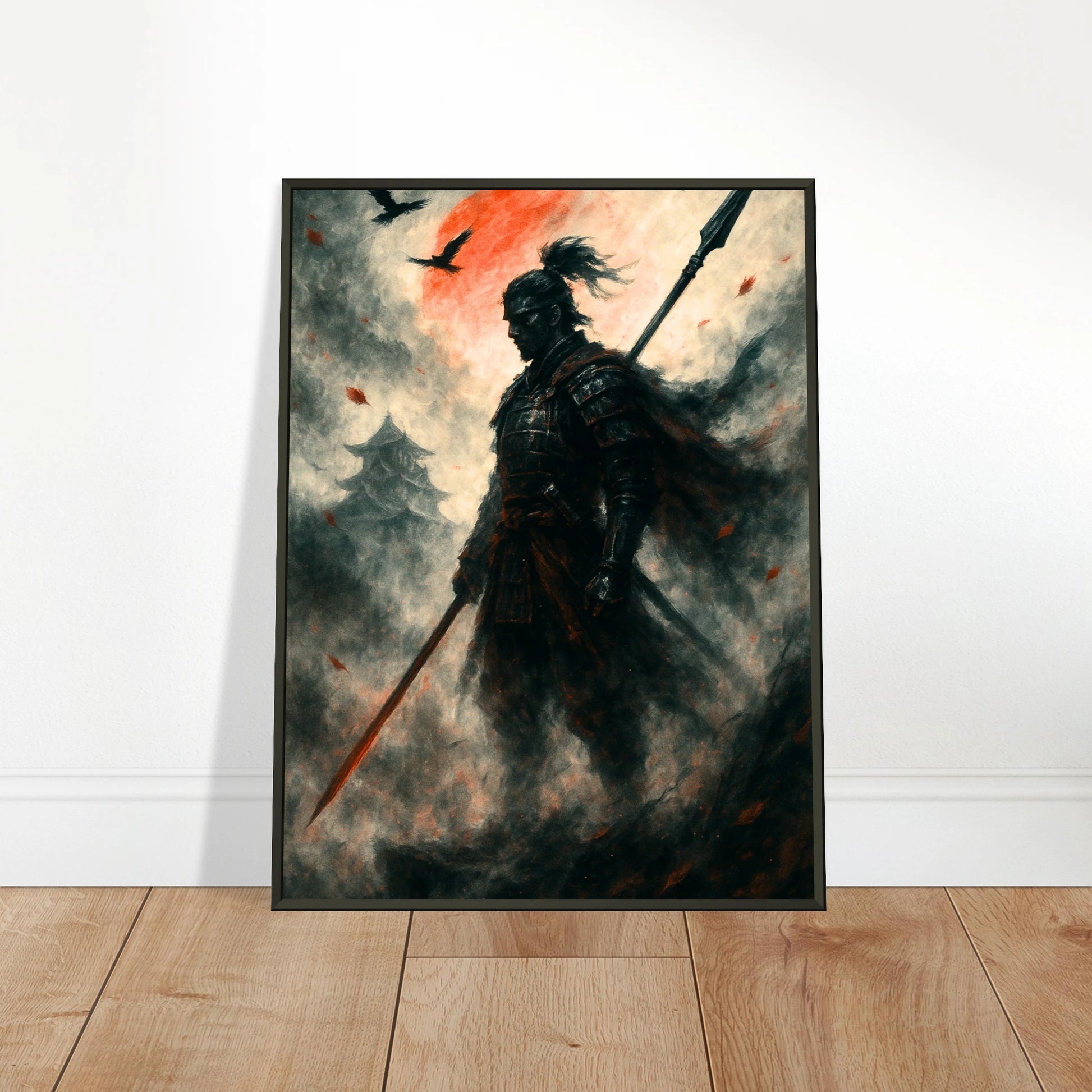 The Silent Warrior Samurai Wandbild in hellem modernen Wohnraum, japanische Kriegerkunst im schwarzen Metallrahmen