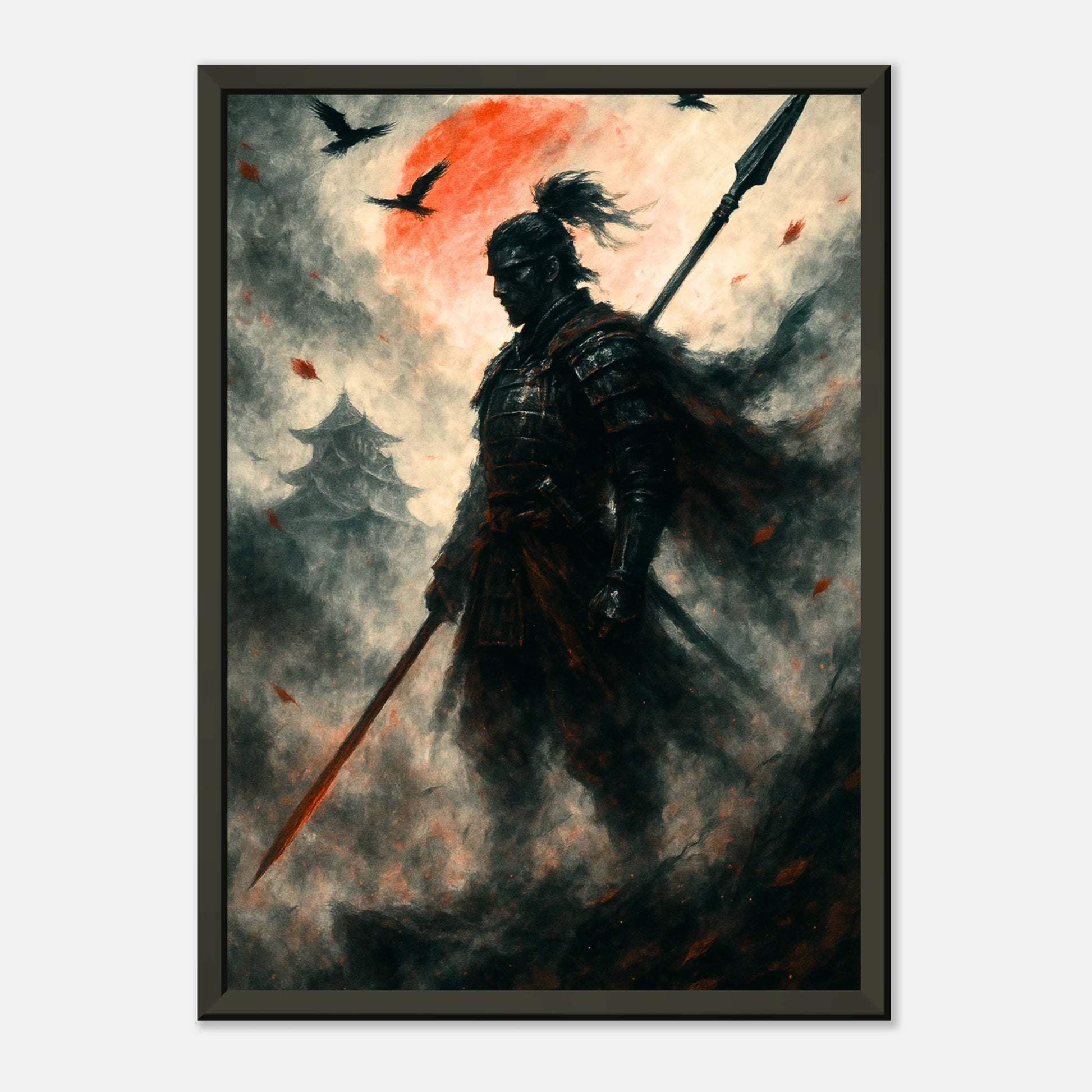 The Silent Warrior Samurai Wandkunst frontal dargestellt, japanische Kriegerkunst mit schwarzem Metallrahmen