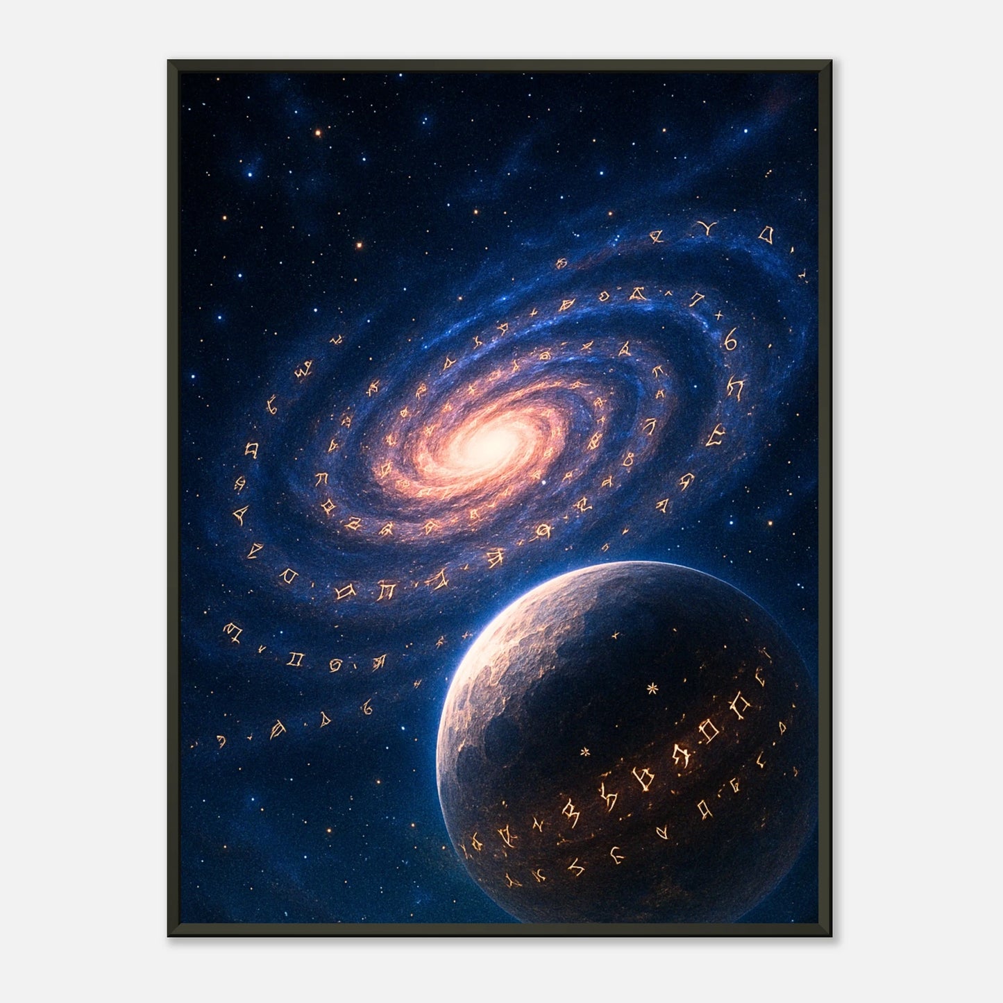 The Star Script kosmisches Galaxie Wandbild mit schwarzem Metallrahmen, leuchtende Spiralgalaxie mit mystischen Sternenrunen