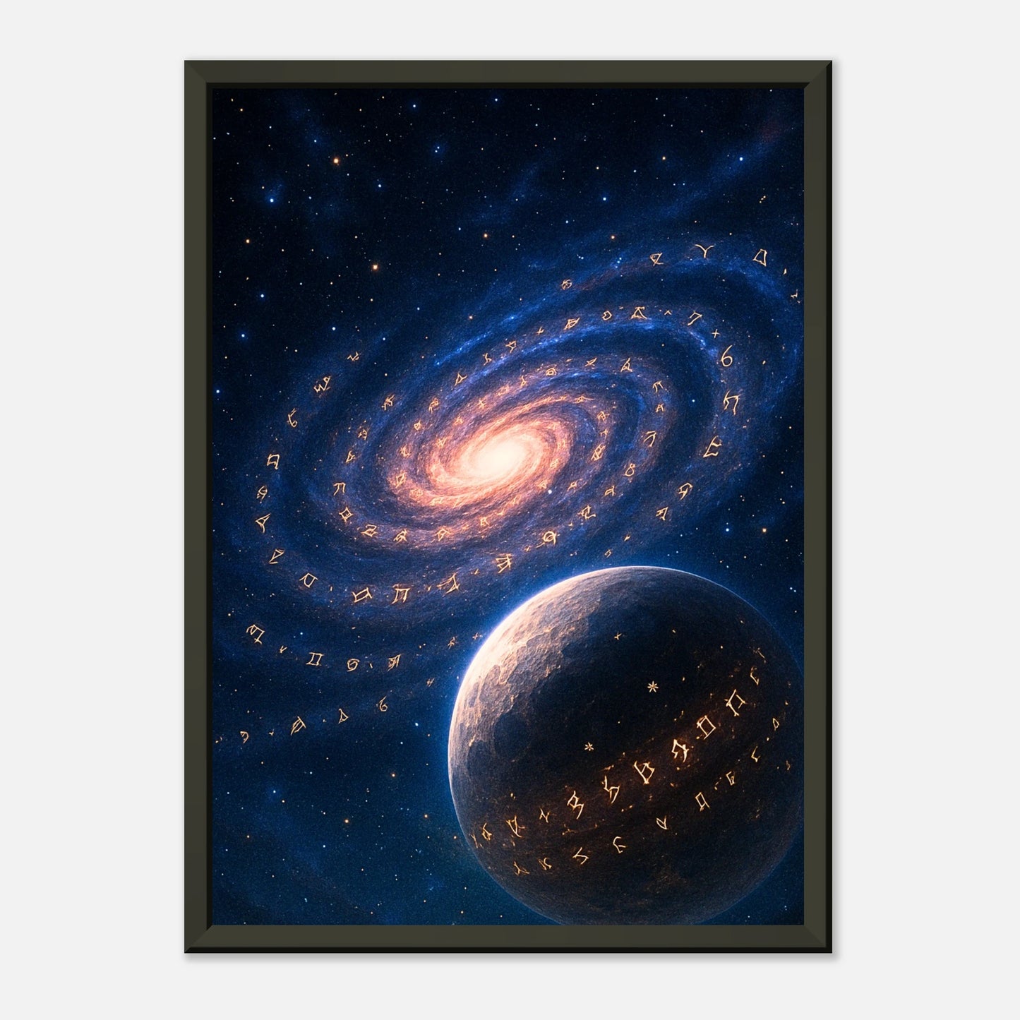 The Star Script Galaxie Kunst als Wandbild mit schwarzem Metallrahmen, kosmische Spiralform mit leuchtender Sternenschrift