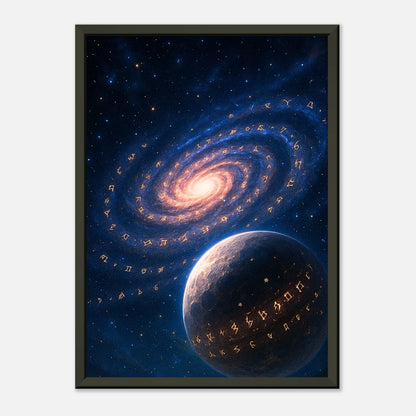 The Star Script Galaxie Kunst als Wandbild mit schwarzem Metallrahmen, kosmische Spiralform mit leuchtender Sternenschrift