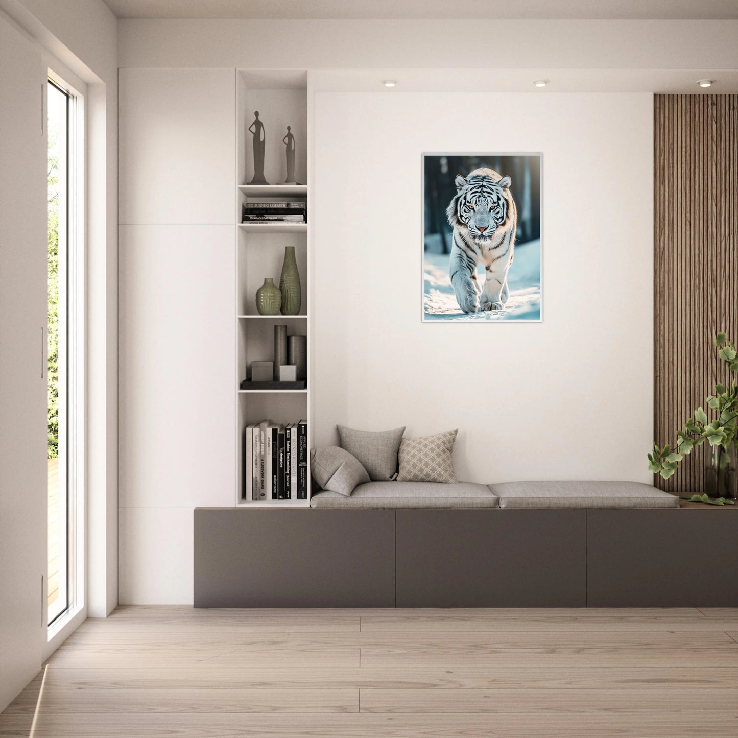 The White Tiger Poster im hellen Wohnzimmer – dekoratives Wandbild mit weißem Tiger in edler Raumgestaltung.