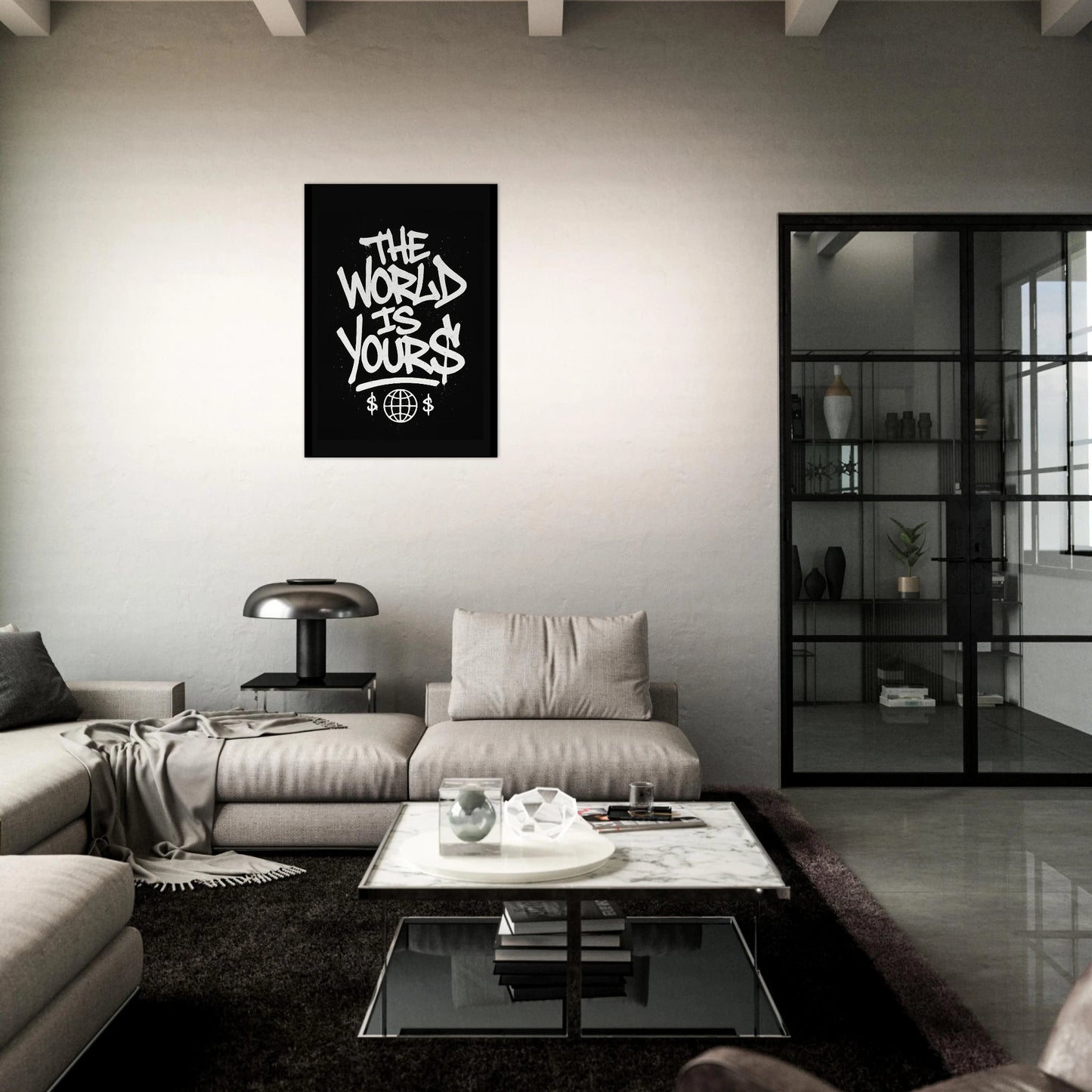 The World Is Yours street art poster – bold graffiti motivational wall decor in stylish modern living room interior