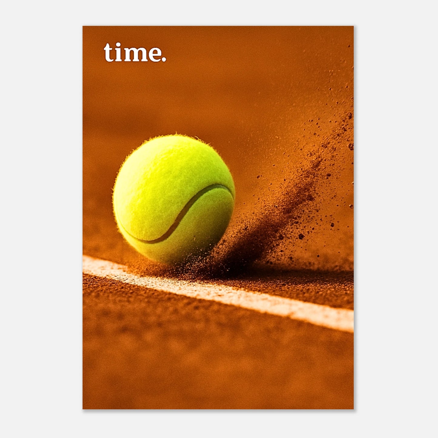 Tennis art print “Time” with yellow ball on clay court – premium sports wall decor for players, fans, and collectors.