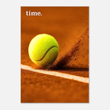 Tennis art print “Time” with yellow ball on clay court – premium sports wall decor for players, fans, and collectors.