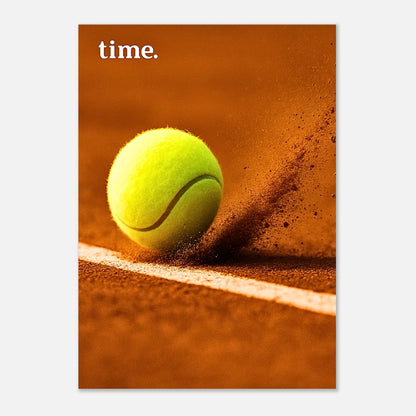 Tennis art print “Time” with yellow ball on clay court – premium sports wall decor for players, fans, and collectors.