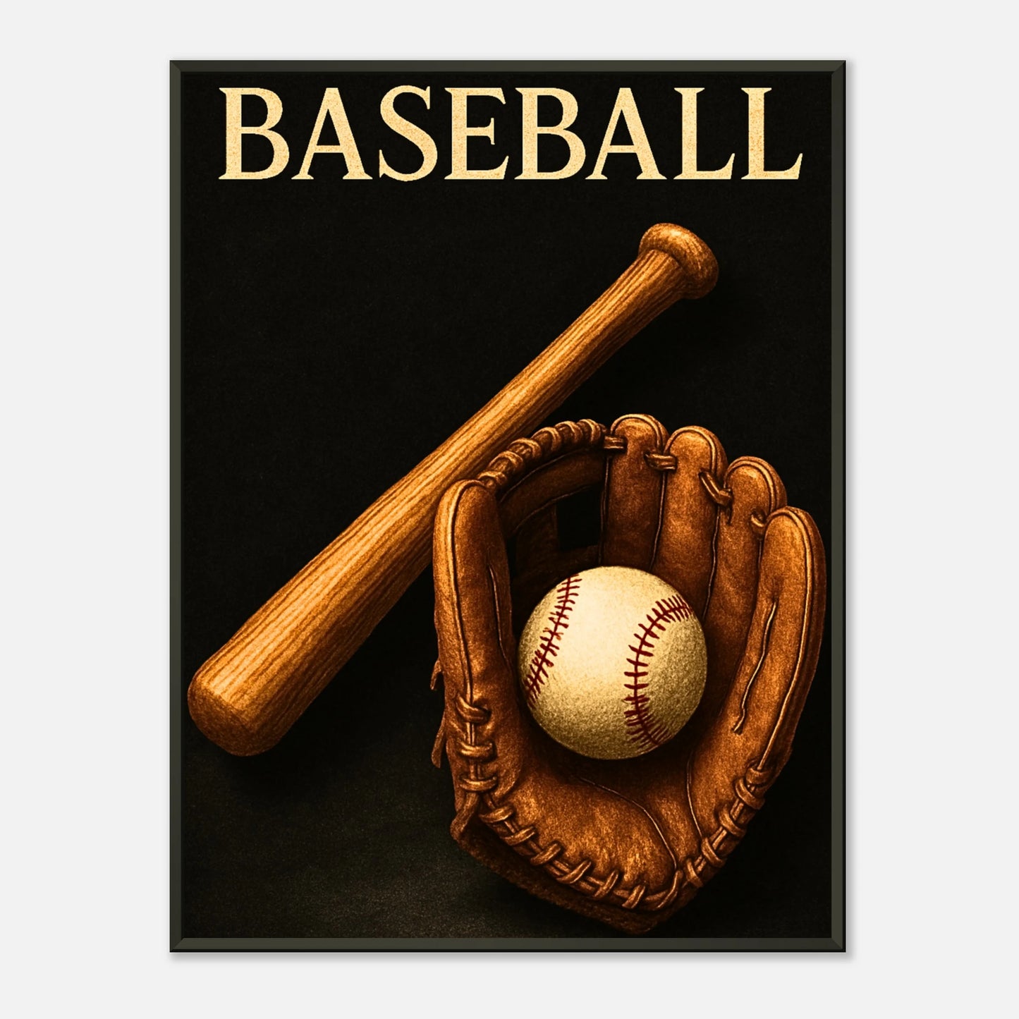 „Timeless Tradition“ Baseball-Poster im schwarzen Metallrahmen – Kunstwerk mit Schläger, Ball & Handschuh – Hommage an Amerikas Nationalsport | DEFA Designs