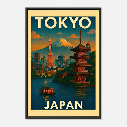 Tokyo city vintage poster in black metal frame with historic temples and retro travel artwork