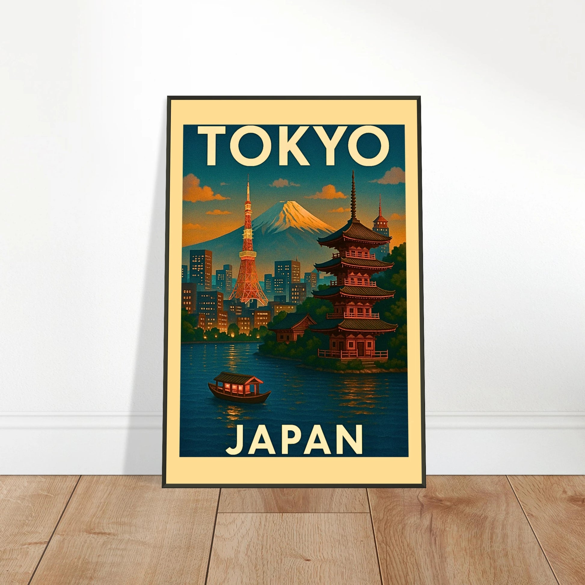 Tokyo Japan vintage travel poster leaning on floor in black metal frame