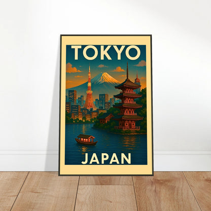 Tokyo Japan vintage travel poster leaning on floor in black metal frame