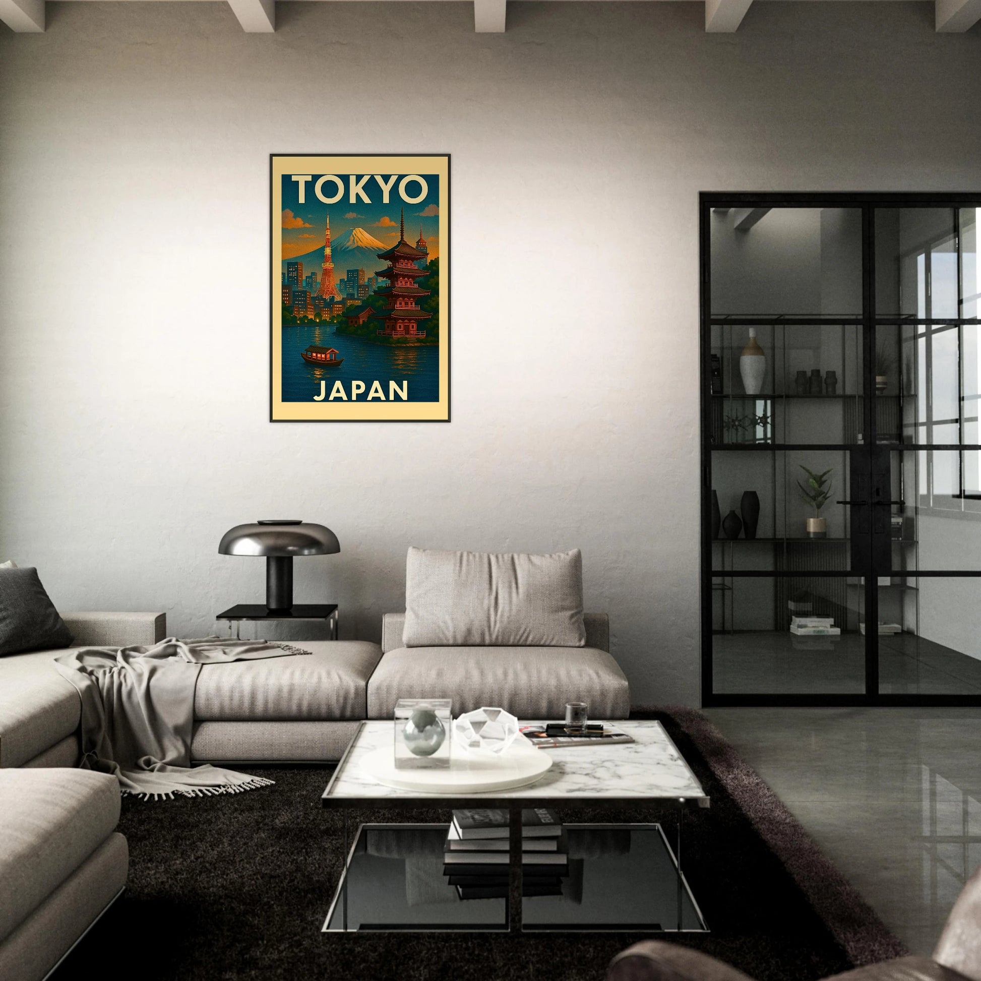 Tokyo Japan retro travel poster hanging in modern living room decor