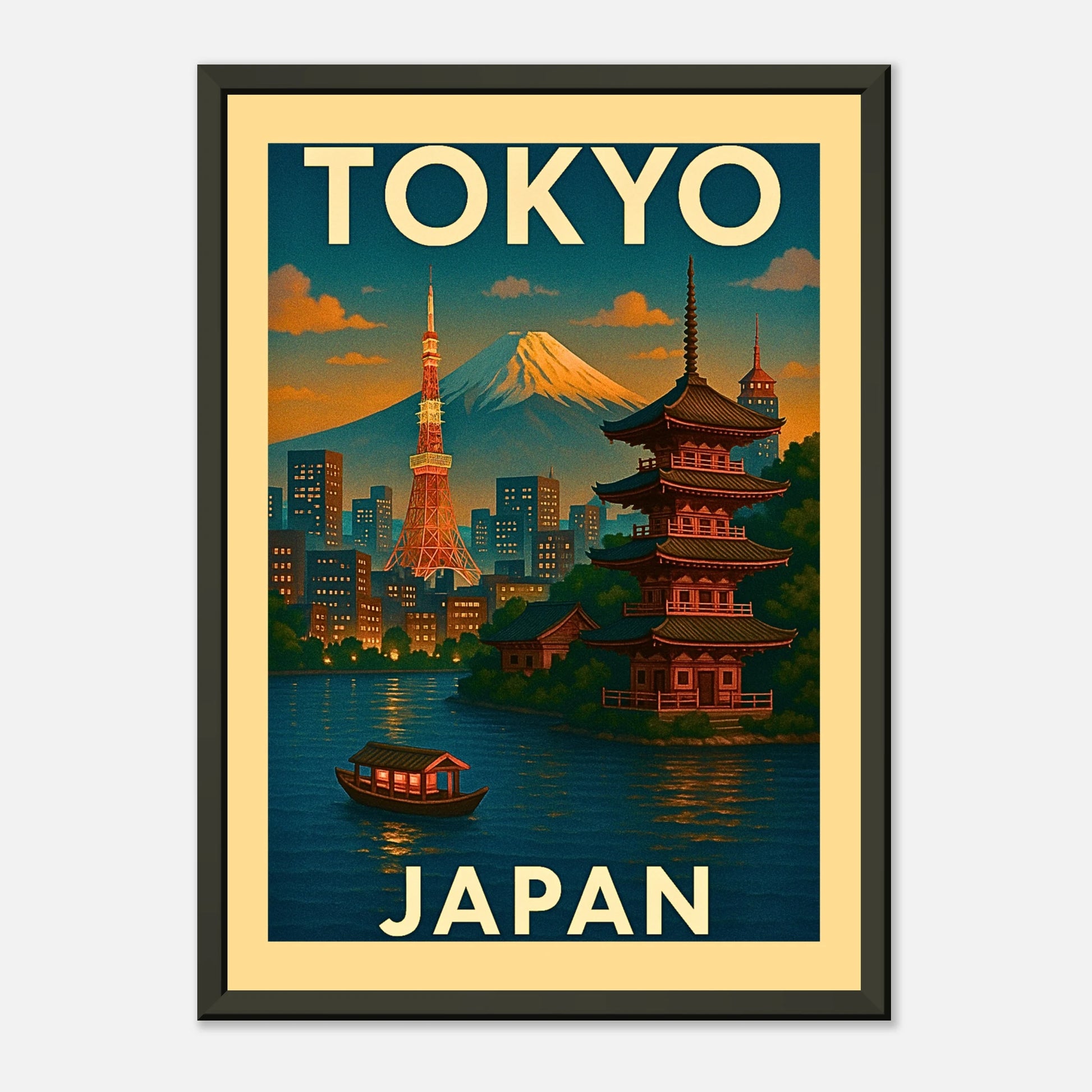 Retro Tokyo Japan wall art in black metal frame showing pagoda rooftops, river boats and glowing evening sky