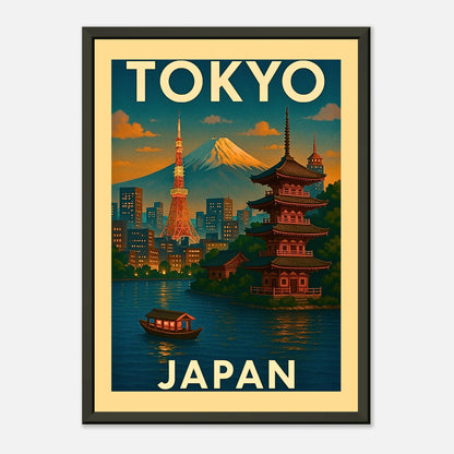 Retro Tokyo Japan wall art in black metal frame showing pagoda rooftops, river boats and glowing evening sky