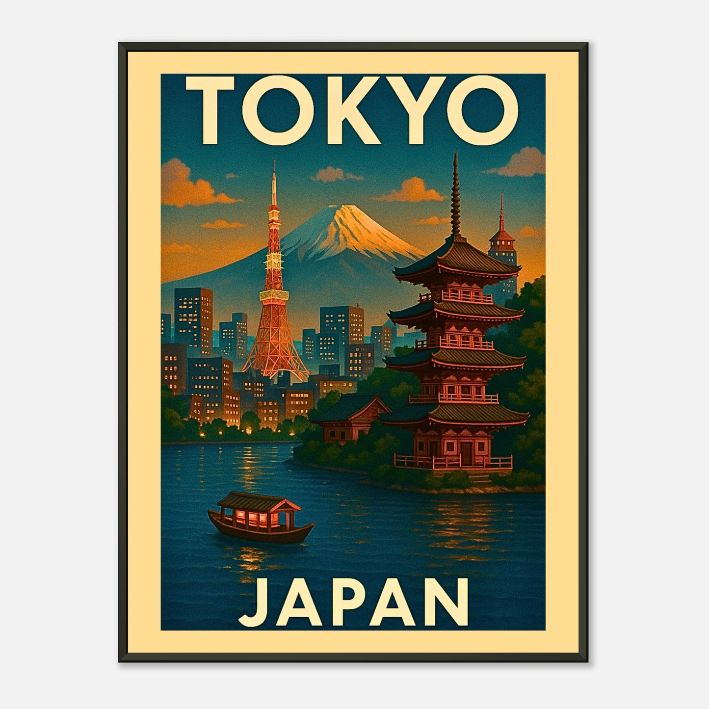 Tokyo Japan travel poster in black metal frame featuring traditional pagoda, city skyline and warm sunset tones