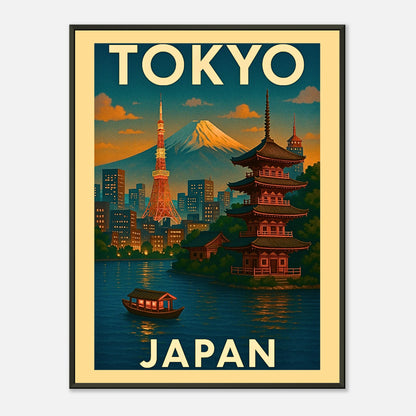 Tokyo Japan travel poster in black metal frame featuring traditional pagoda, city skyline and warm sunset tones