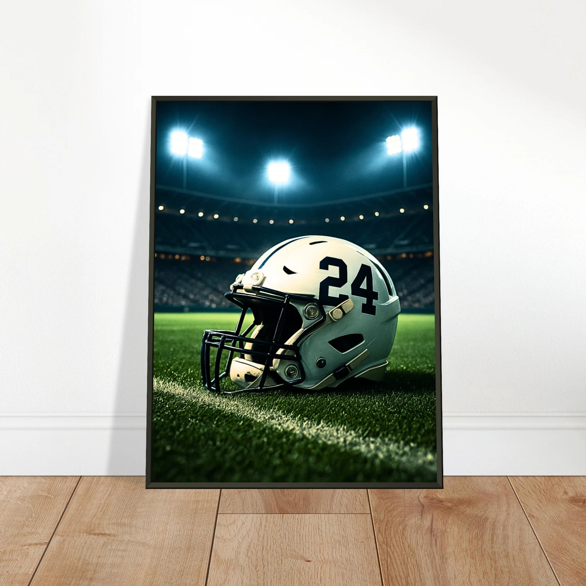 „Under the Lights“ Football-Poster an die Wand gelehnt – Sportliches Motiv im schwarzen Metallrahmen | DEFA Designs