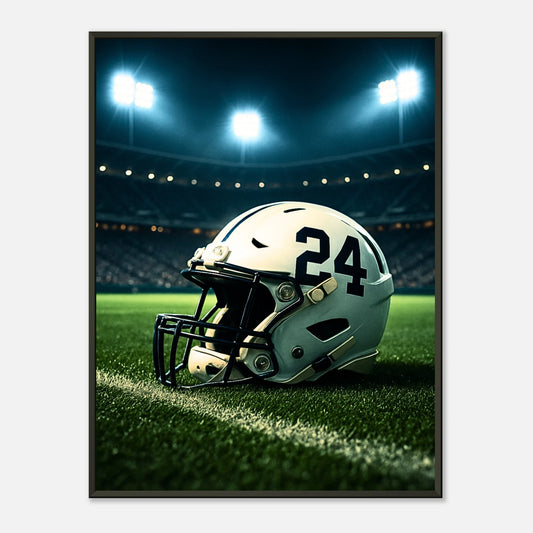„Under the Lights“ Football-Poster im schwarzen Metallrahmen – American-Football-Helm im Stadionlicht | DEFA Designs