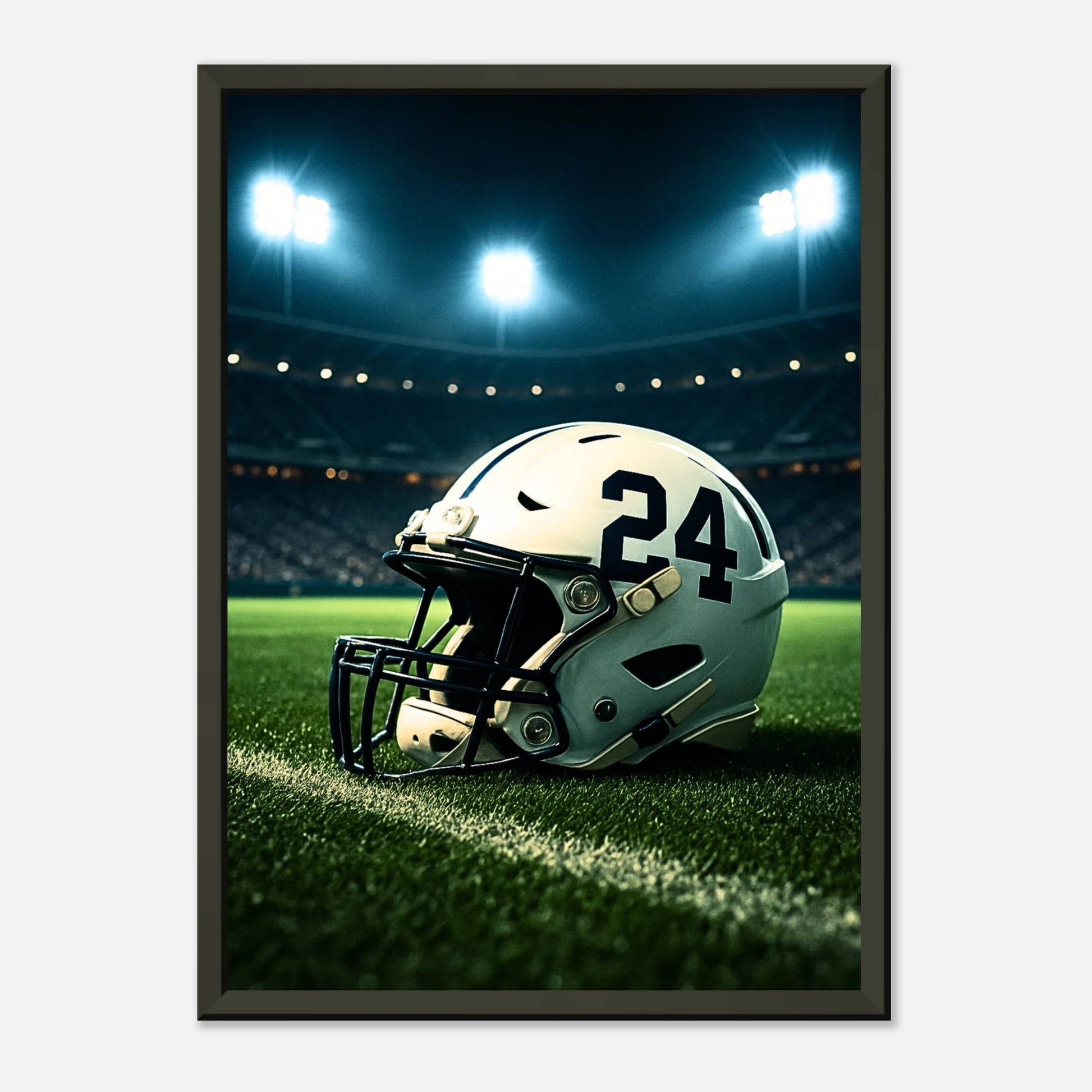 American-Football-Poster „Under the Lights“ – Helm mit Nummer 24 auf Spielfeld unter hellen Lichtern | Schwarzer Metallrahmen | DEFA Designs
