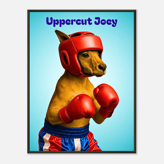 Uppercut Joey Poster – boxender Hund mit roten Handschuhen vor blauem Hintergrund im schwarzen Metallrahmen. Humorvolle Tierkunst von Defa Designs.