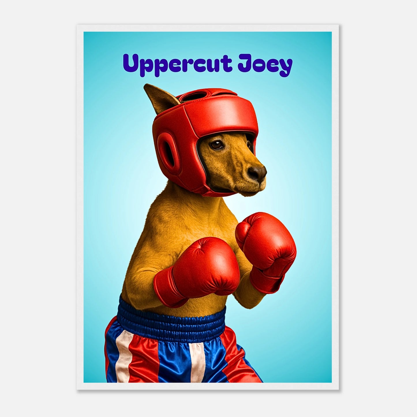 Uppercut Joey Poster mit weißem Rahmen – Boxendes Känguru als humorvolles Wandbild für Wohnzimmer, Gym oder Büro.