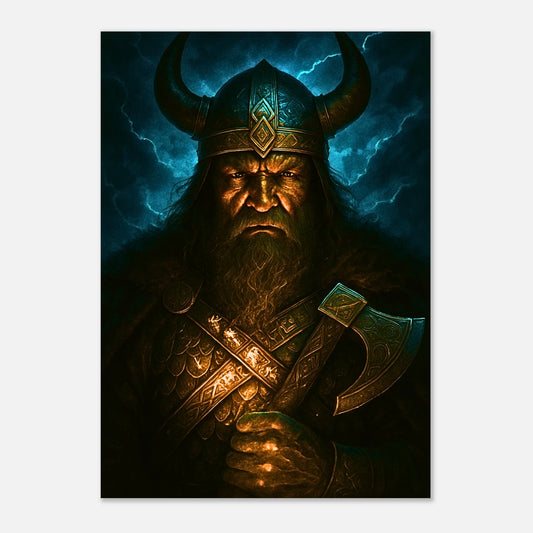Epic Viking warrior fantasy art poster with horned helmet and battle axe, dark storm background