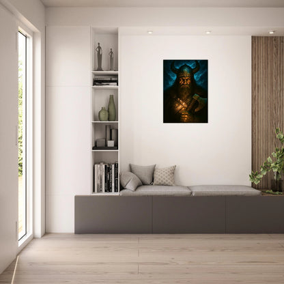 Viking warrior wall art in modern living room, fantasy Norse mythology poster for home decoration