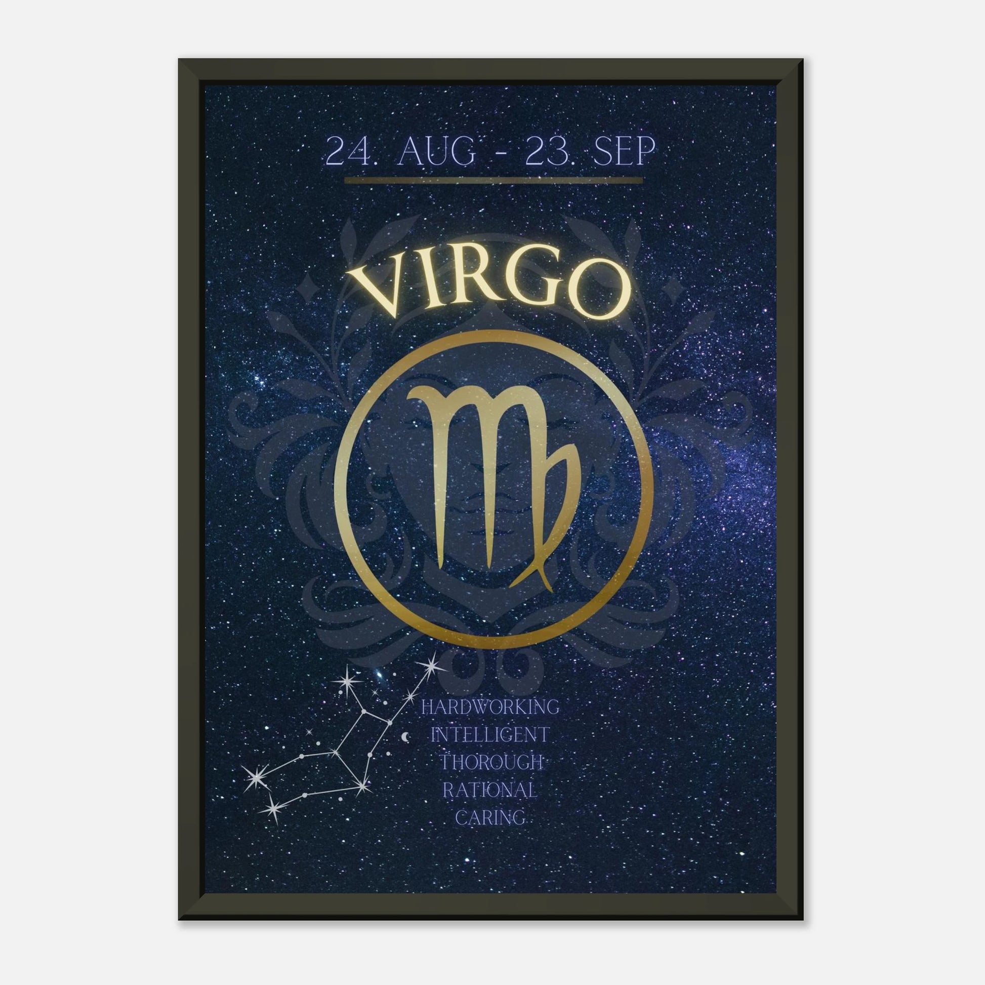 Virgo horoscope wall art print in black metal frame featuring August 24 to September 23 zodiac dates