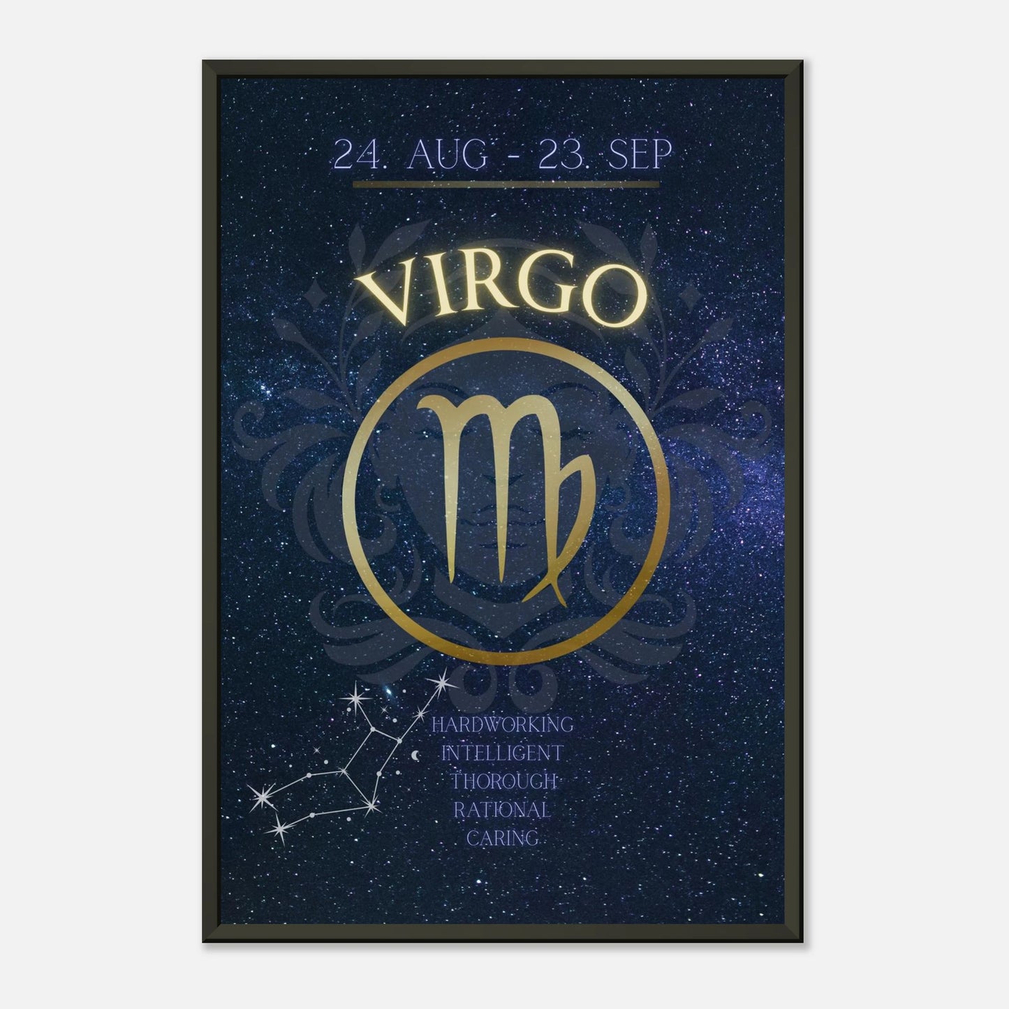 Virgo zodiac wall art in black metal frame front view with blue galaxy background and astrology symbol