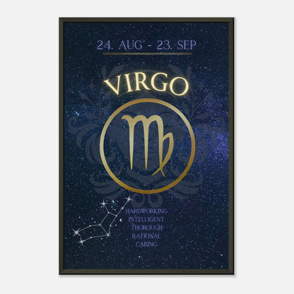 Virgo zodiac wall art in black metal frame front view with blue galaxy background and astrology symbol