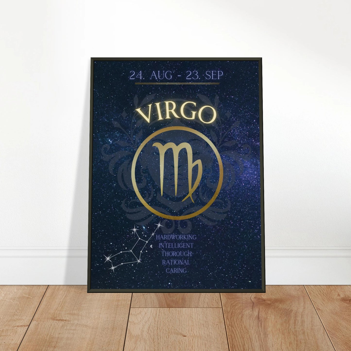 Virgo wall art poster leaning against wall in black metal frame modern bedroom decor mockup